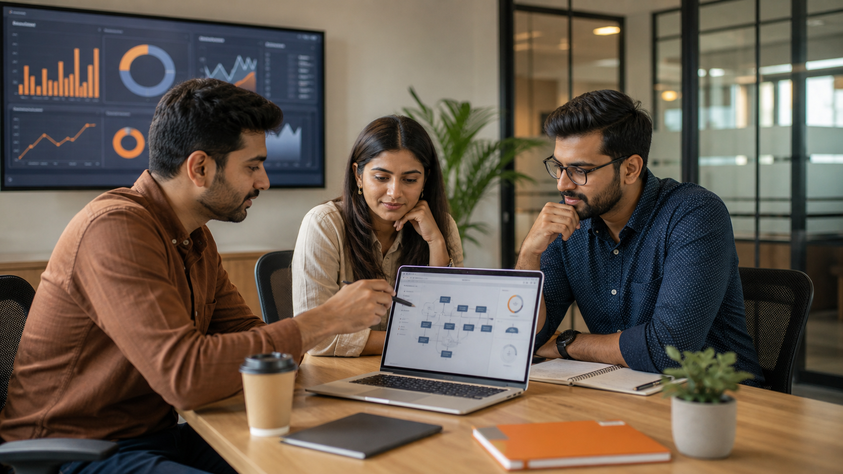Indian business team reviewing an AI workflow migration plan on shared dashboards
