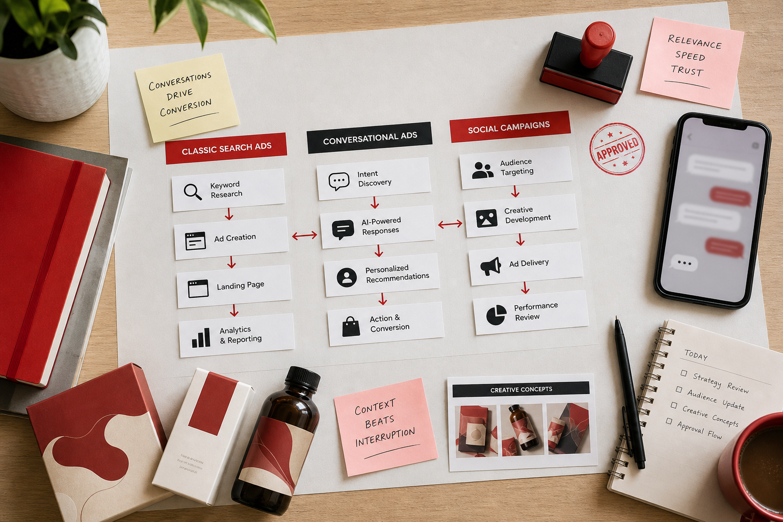 Board comparing conversational ads with search and social workflows