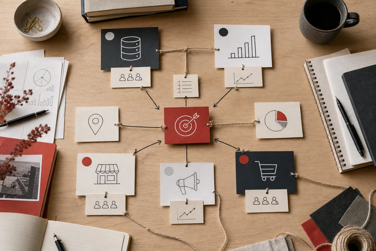 Structured marketing data map connecting CRM, analytics, and advertising systems on a tabletop board
