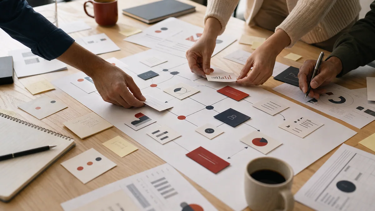 Revenue team workshop with budget cards, experiment notes, and conversion checkpoints arranged for planning
