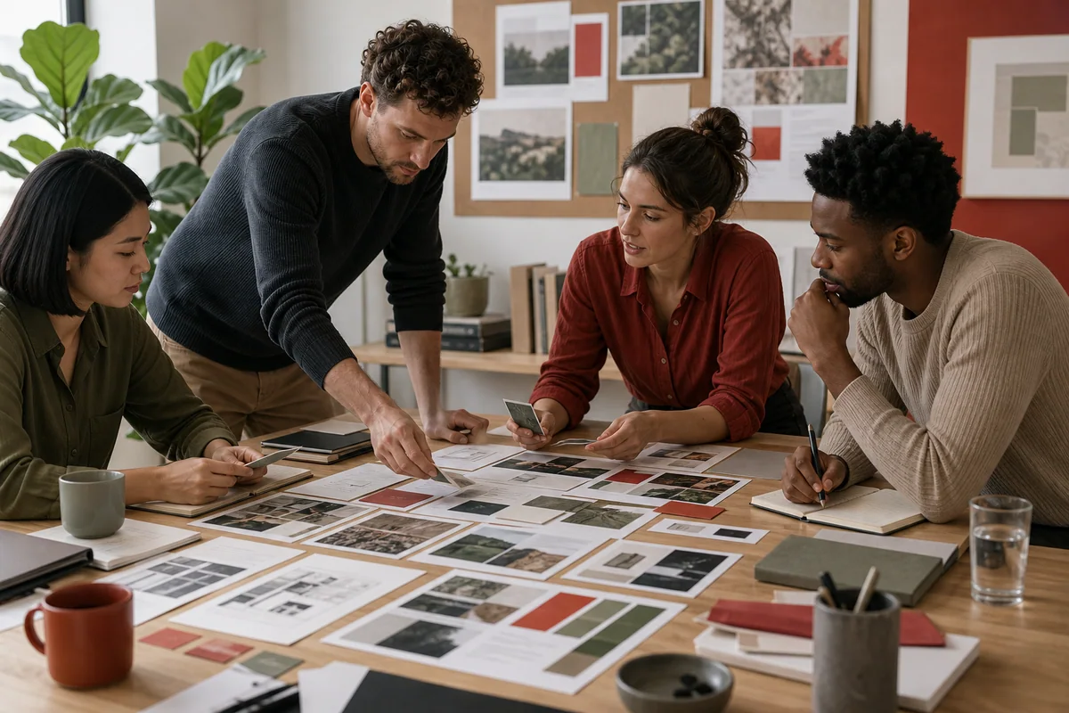 Small marketing team arranging prompt cards and visual references during an AI campaign planning workshop