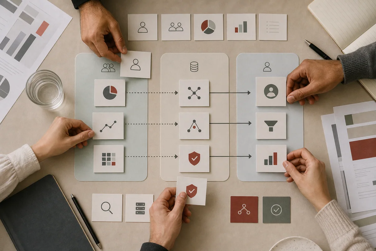 Analytics workflow board showing governed metrics moving across collaboration and CRM surfaces