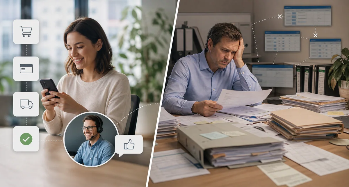 Split-scene comparison between quick customer interactions and slow internal approvals across business systems