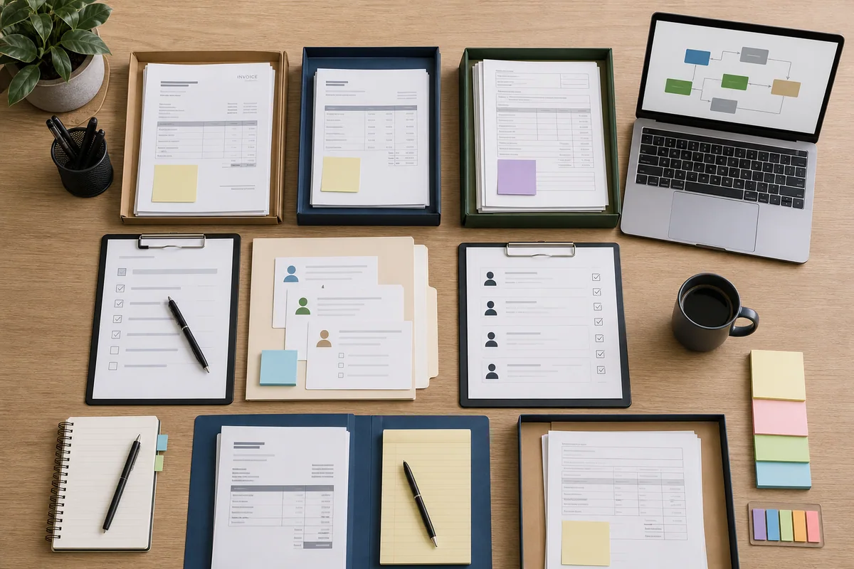Desk scene with organized invoice files, onboarding folders, access requests, and approval checklists ready for automation
