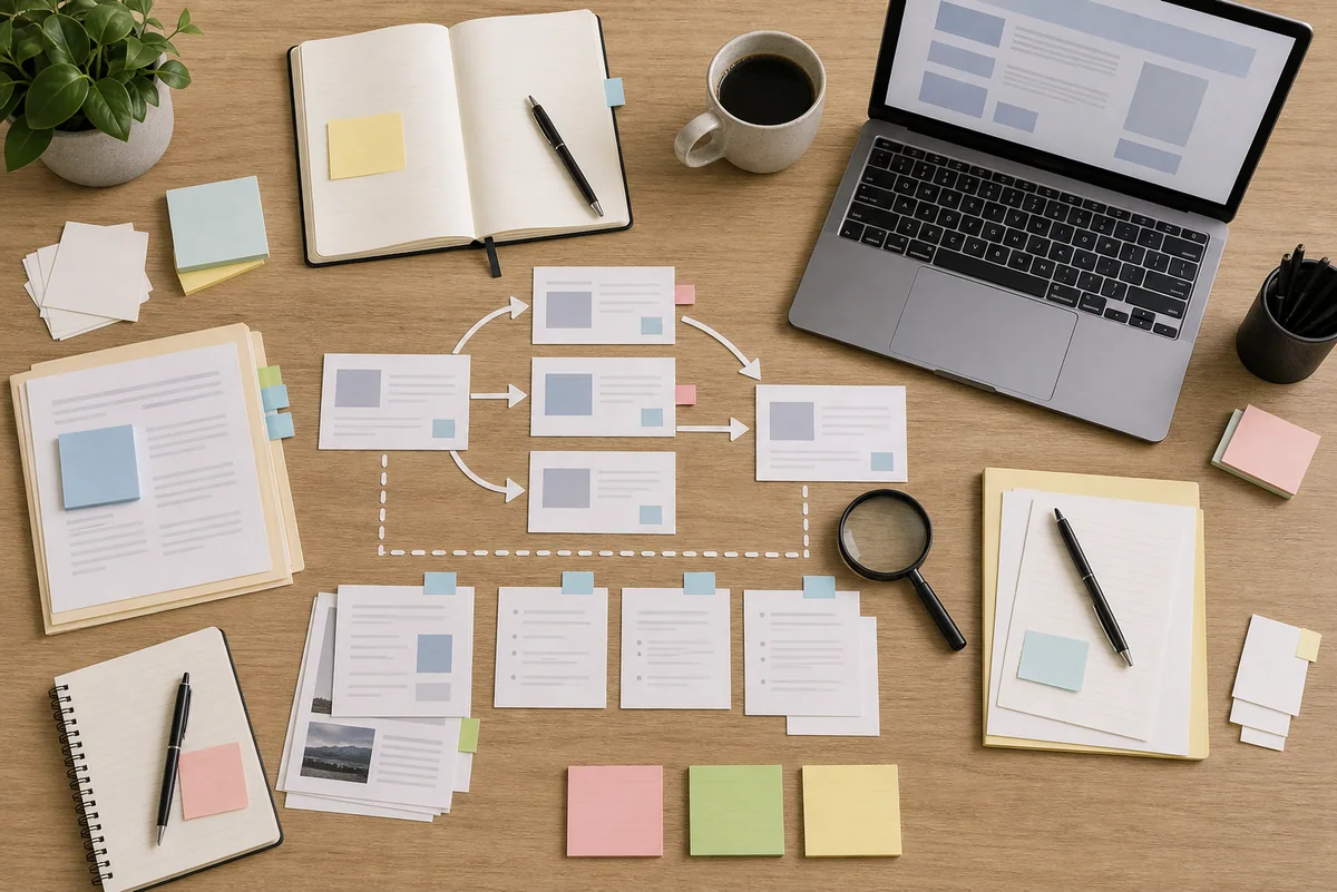 Editorial workspace with layered article cards, source notes, and search-path arrows showing follow-up exploration