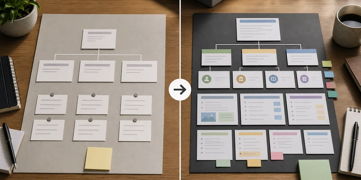 Comparison scene showing classic rank-focused SEO notes versus source-quality and context-rich content planning