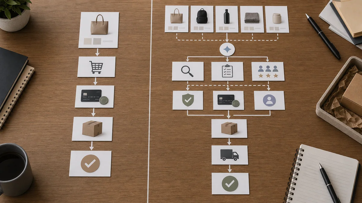 Comparison between traditional online checkout steps and a more structured agent-assisted buying flow