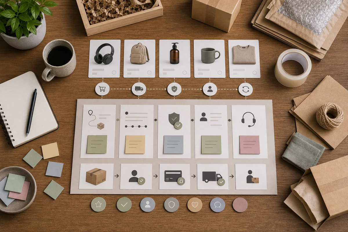 Tabletop layout of product catalog cards, delivery tokens, consent markers, and support workflow notes