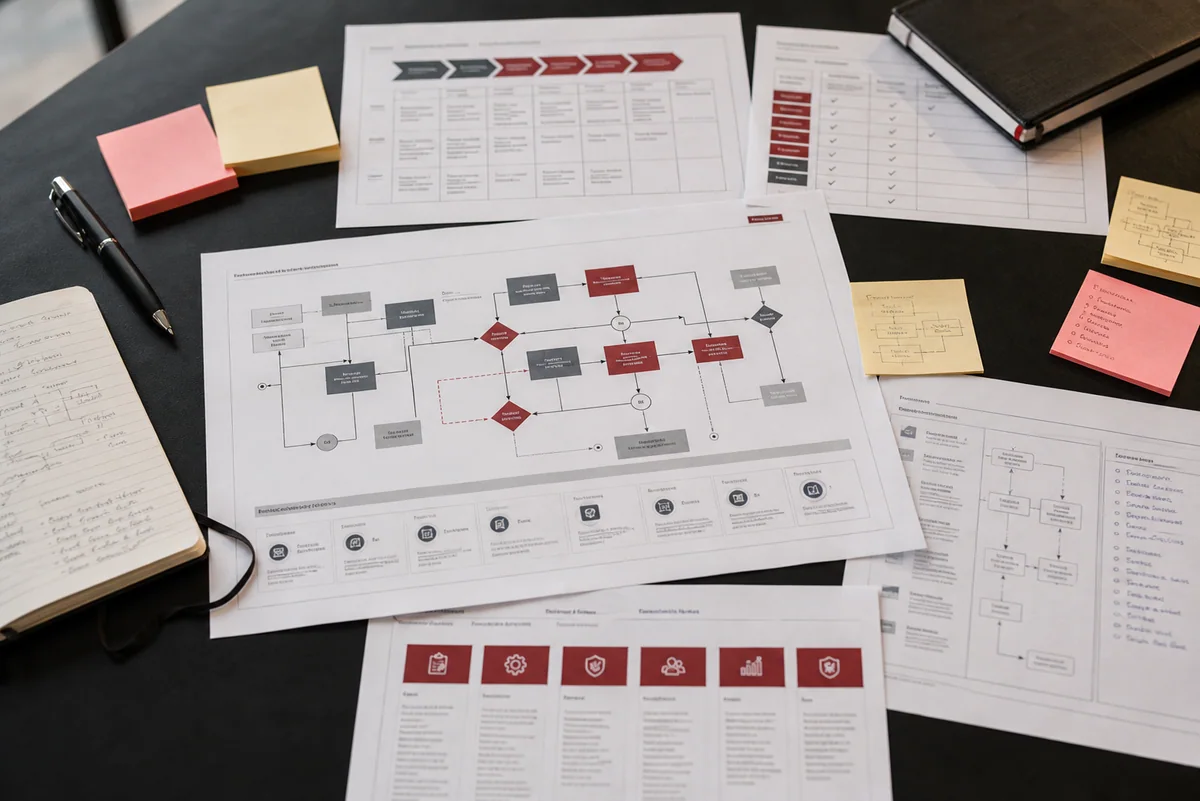 Printed AI workflow maps and deployment notes laid out on an executive planning table