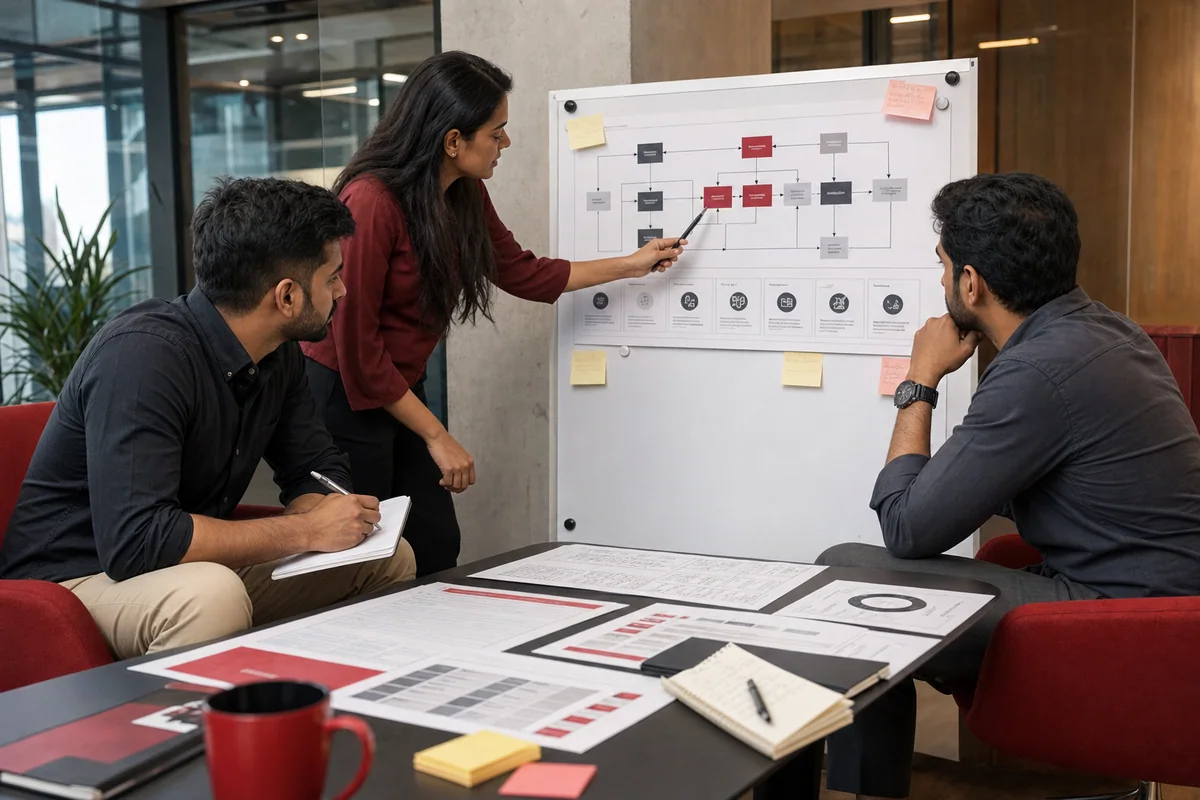 Operations team reviewing one AI workflow owner board in a modern office