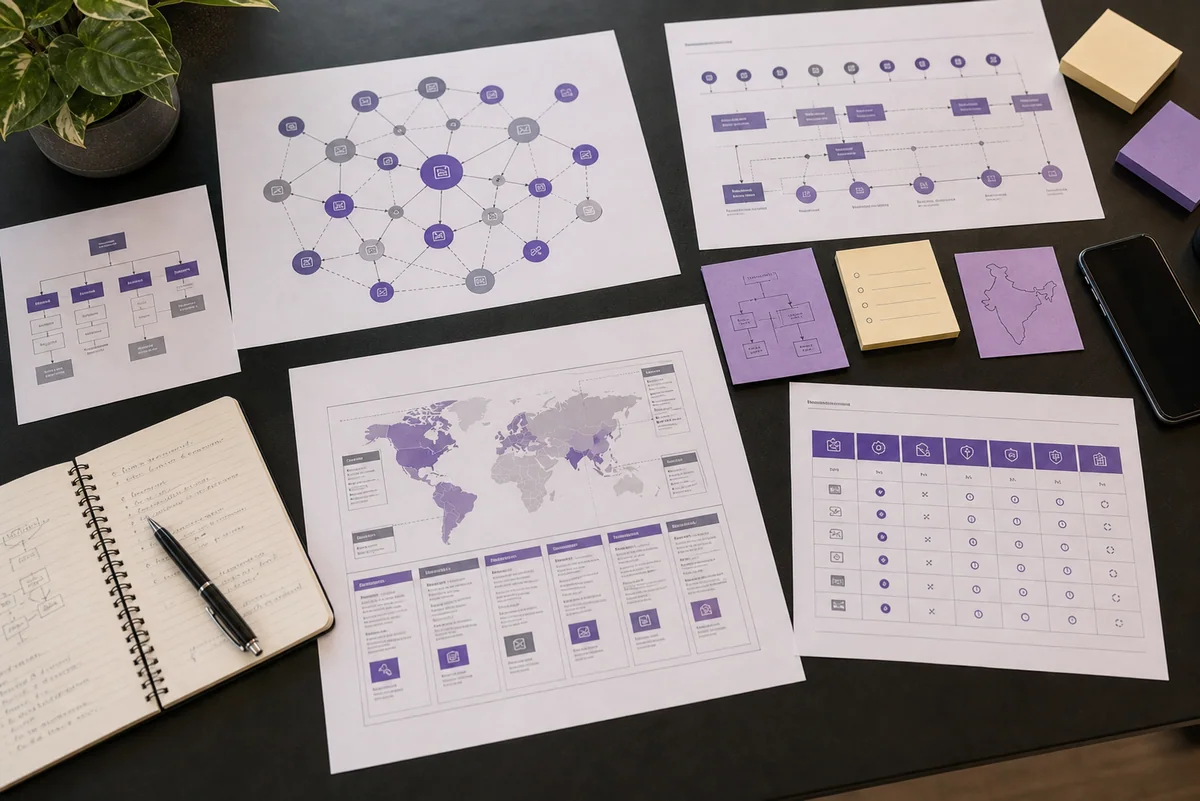 Printed source-link map and multilingual SEO notes on a strategist's desk
