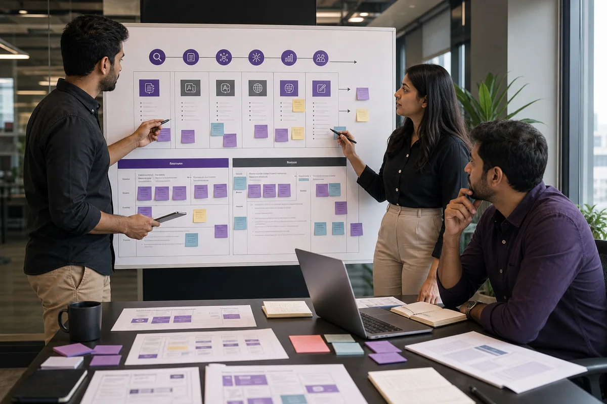 SEO planning board with English and Hindi content priorities in a modern workspace
