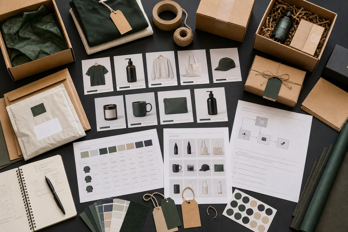 Product packaging, catalog cards, and checkout notes arranged for D2C planning