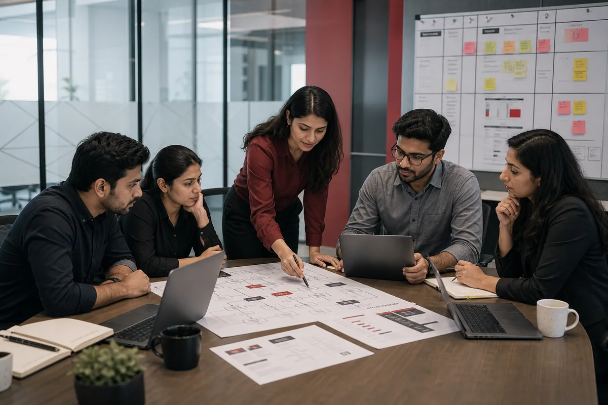 Small business operations team aligning on an AI rollout plan in a modern office