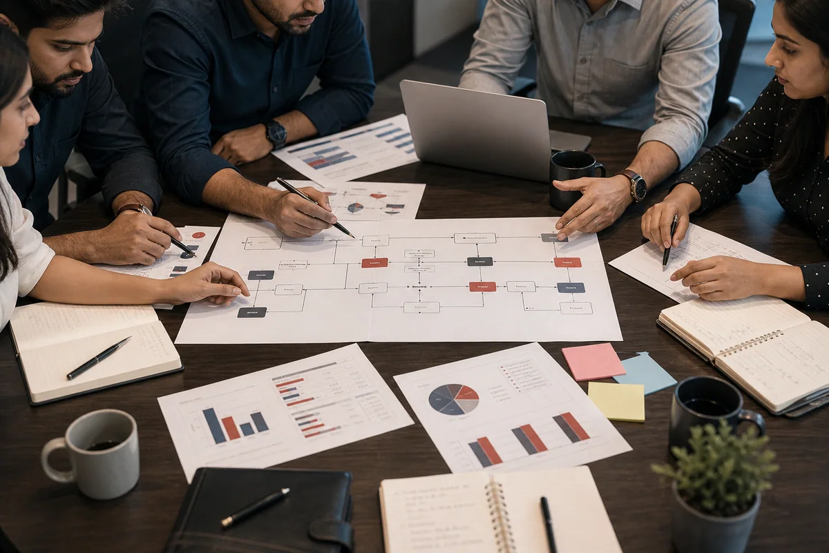 Pipeline review table with collaboration notes, laptops, and CRM workflow printouts