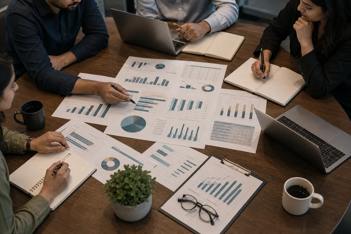 Spreadsheet planning desk with laptops, printed KPI sheets, and review notes