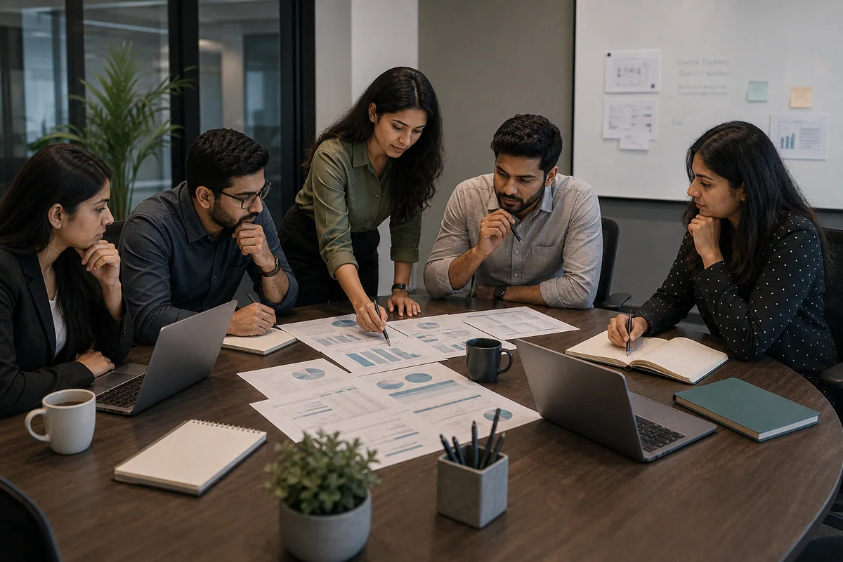 Small operations team reviewing workbook governance in a meeting room