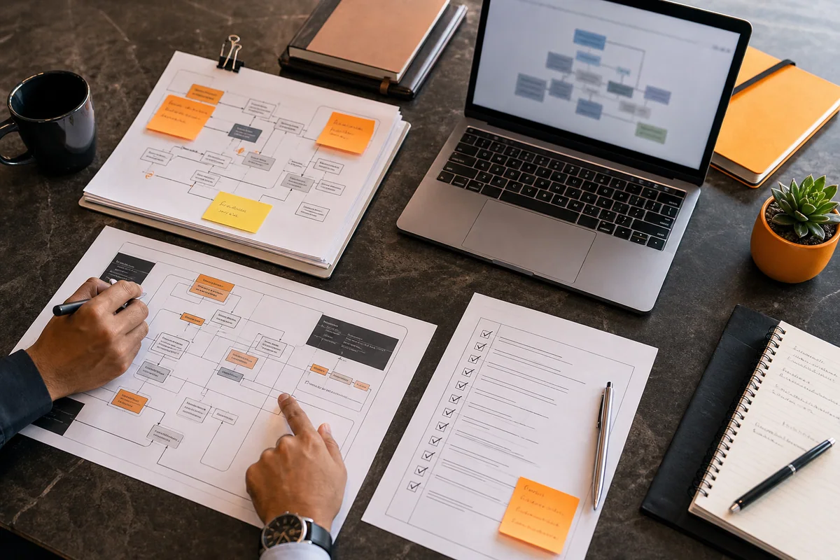Printed ERP workflow maps, approval notes, and migration checklists laid out on a project table