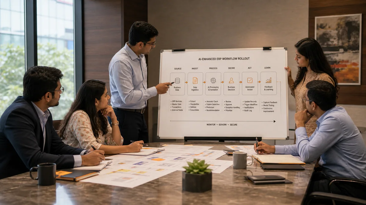 Cross-functional ERP team aligning on one AI workflow rollout in a conference room