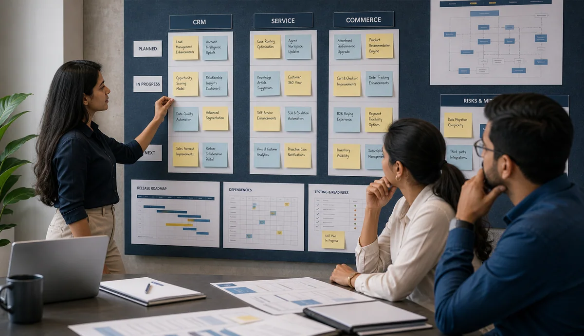 Release-planning board showing CRM, service, and commerce workflow priorities