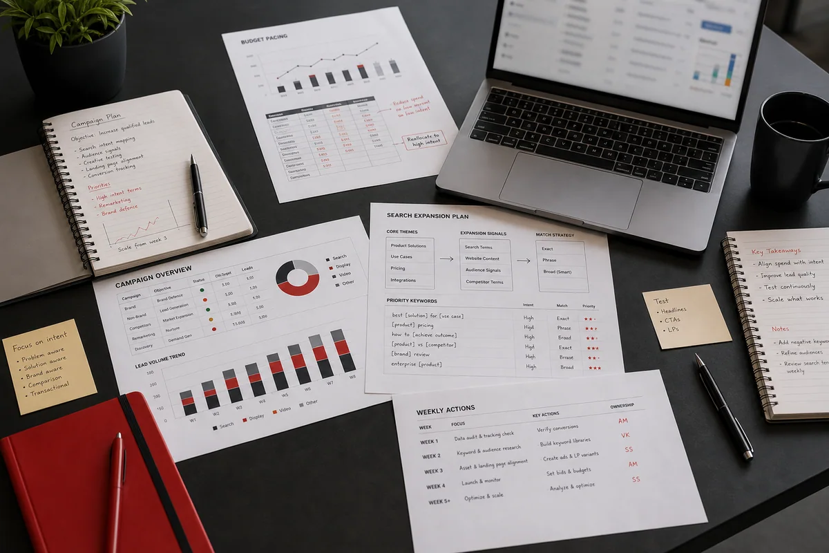Campaign-planning sheets showing search expansion and budget pacing notes on a performance-marketing desk