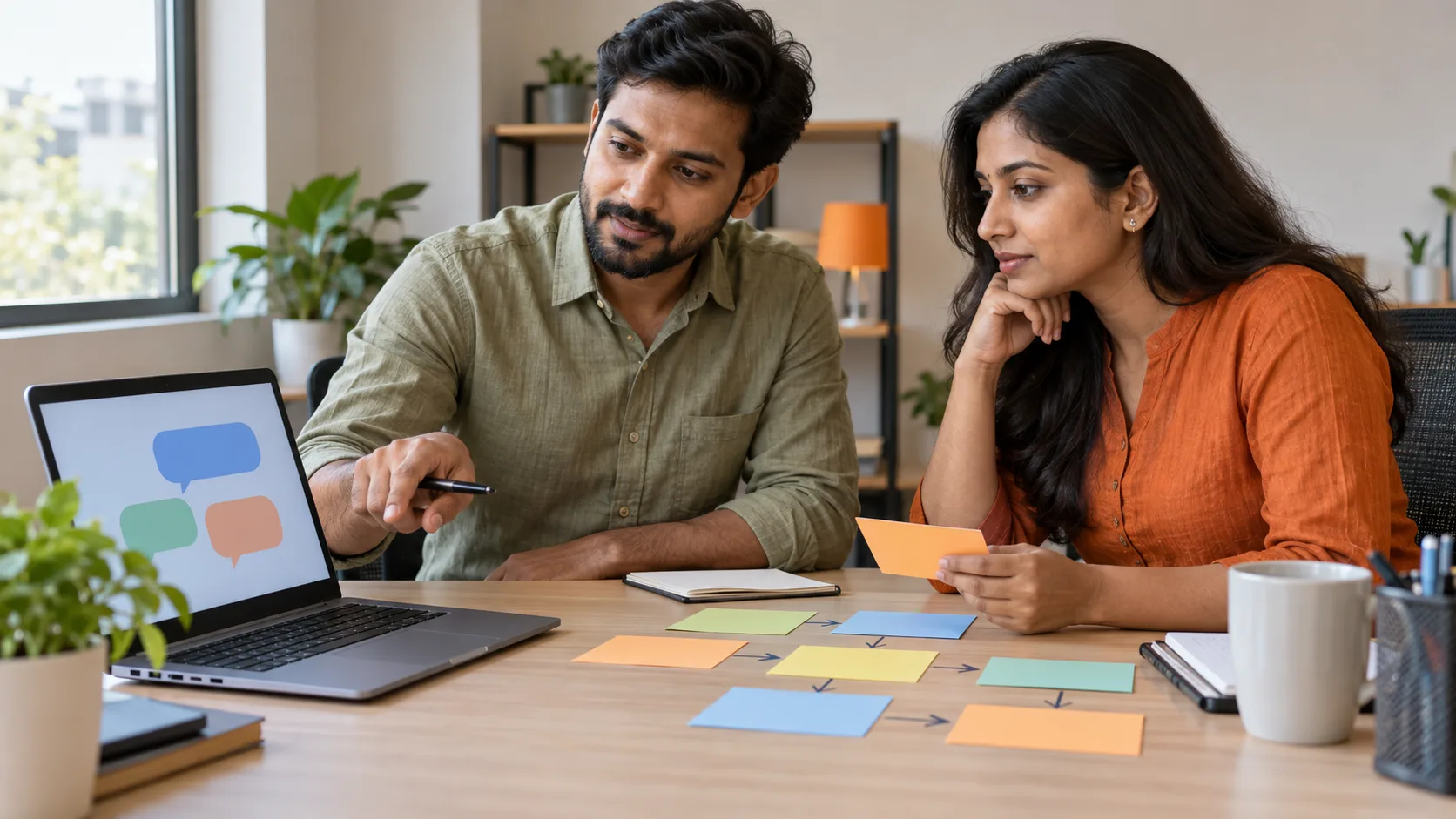 Two small business colleagues reviewing a chatbot conversation and human handoff plan