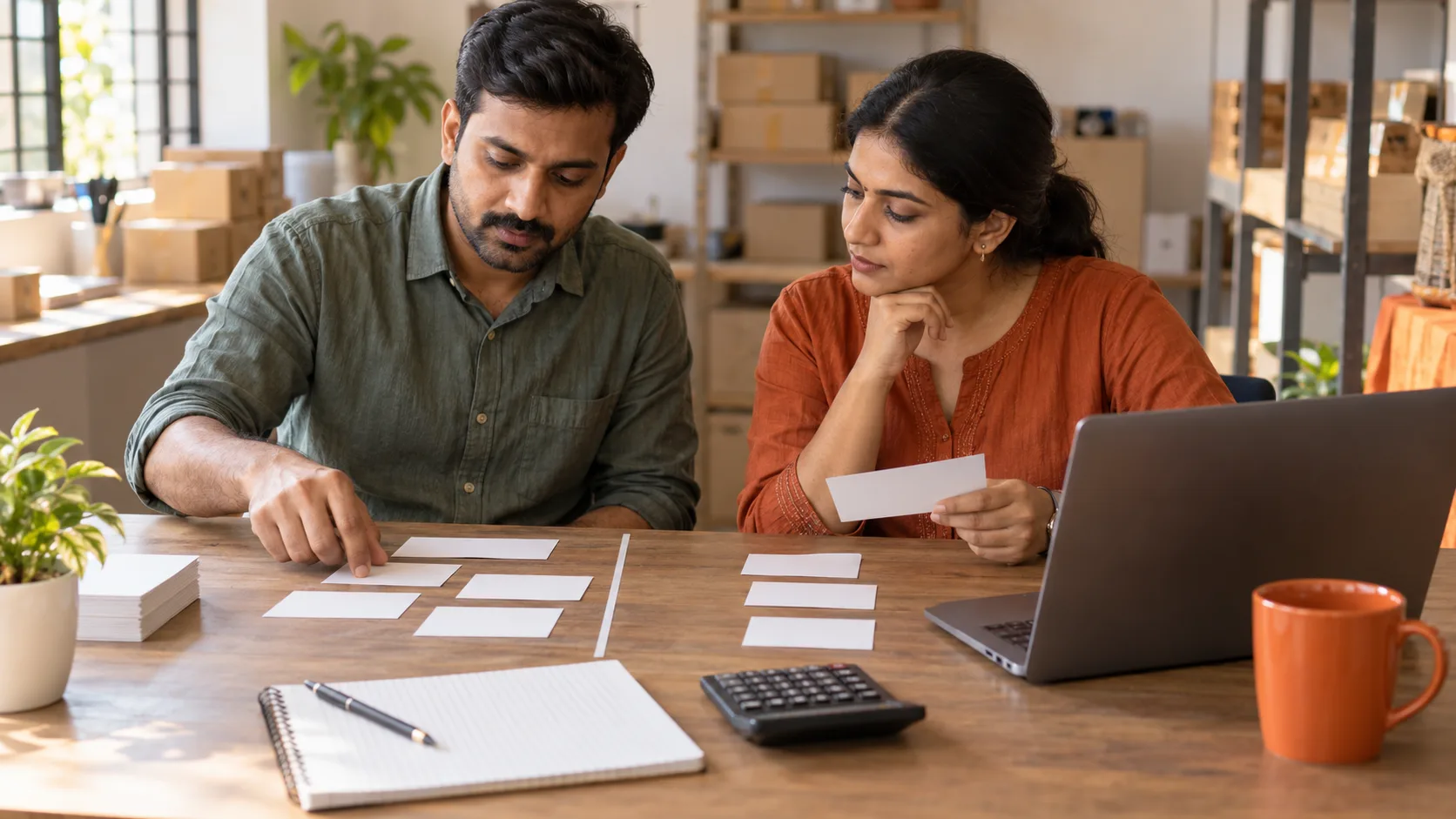 Operations colleagues comparing blank workflow cards and a calculator during an AI automation pilot review